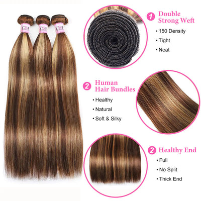 ZSF  P4/27 Brown Blonde Highlight Straight Virgin Hair 4Bundles With 13*4 Lace Frontal