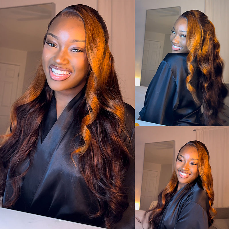 Ginger Remy ZSF Funky Color Ginger Brown Mixed Dark Brown Wig Body Wave Remy Hair ...