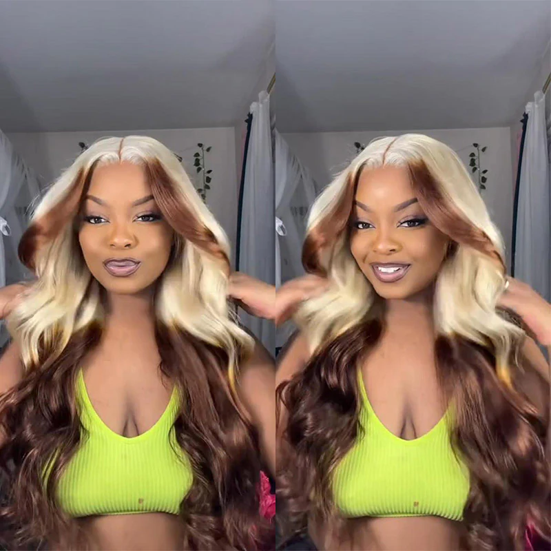 ZSF Blonde With Brown Highlight Color Body Wave HD Lace Hair Wigs Free Part Pre-plucked Natural Hairline