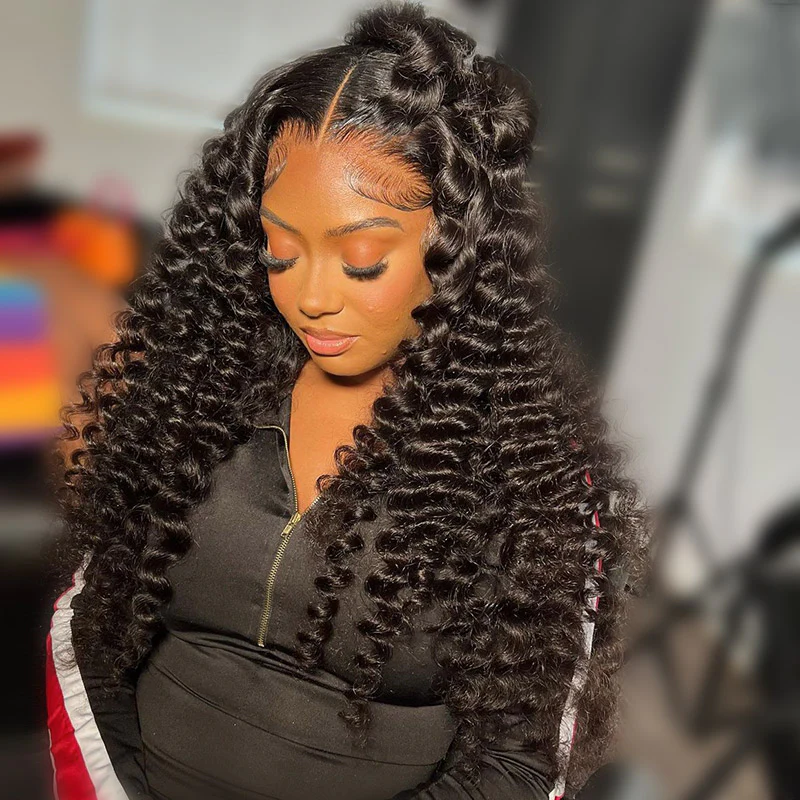 ZSF Bouncy & Wand Curls C Part Glueless Lace Front Pre-Bleached Knots Natural Black Human Hair Wigs