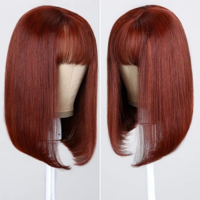 ZSF Reddish Brown Straight Short Bob Wig With Bang Lace Wig Unprocessed Human Hair 1Piece