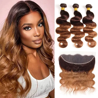 ZSF Ombre T4/30 Body Wave Virgin Hair 3Bundles With Lace Frontal 100% Human Hair