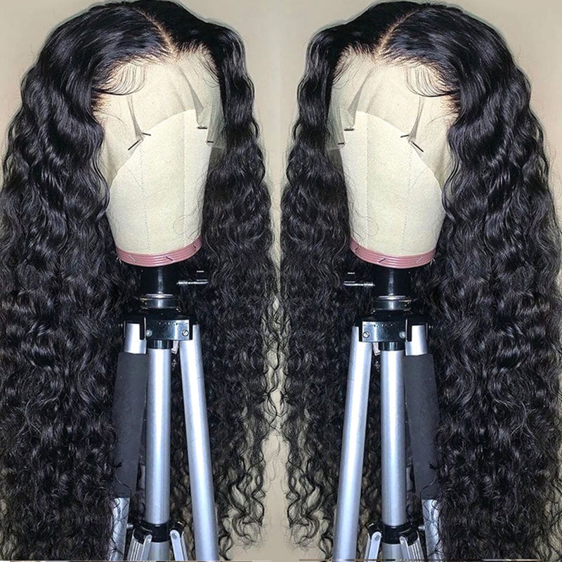 (Clearance Sale)ZSF Deep Wave Transparent Lace Vigin Wig Human Hair Wig Natural Black Color