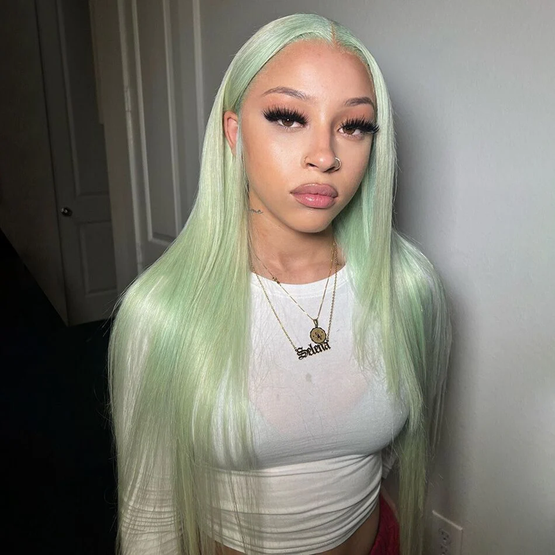 (BUY 1 GET 1 Free) ZSF Hair Mint Green Straight Transparent Lace Frontal Wig 100% Human Hair 1Piece