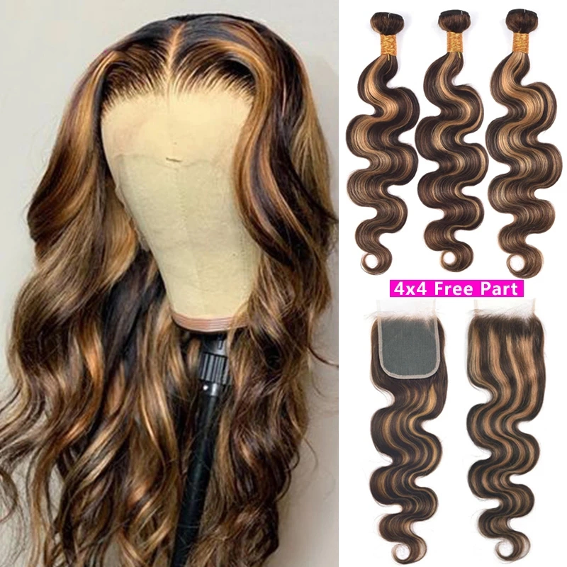 ZSF Ombre P4/30 Body Wave Virgin Hair 3Bundles With Lace Closure 100% Human Hair