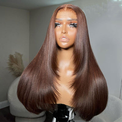 ZSF Middle Part Chestnut Light Brown #4 Straight Layer Cut Human Hair Wig