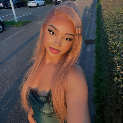 ZSF Hair Rose Gold Blonde Pink Straight Human Hair Wigs Metallic Pink 13x4 Lace Front Wig