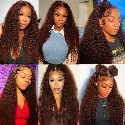(BUY 1 GET 1 Free) ZSF Hair 4# Brown Brazilian Deep Wave Curly Wavy Lace Frontal Wig Natural Hairline Baby Hair