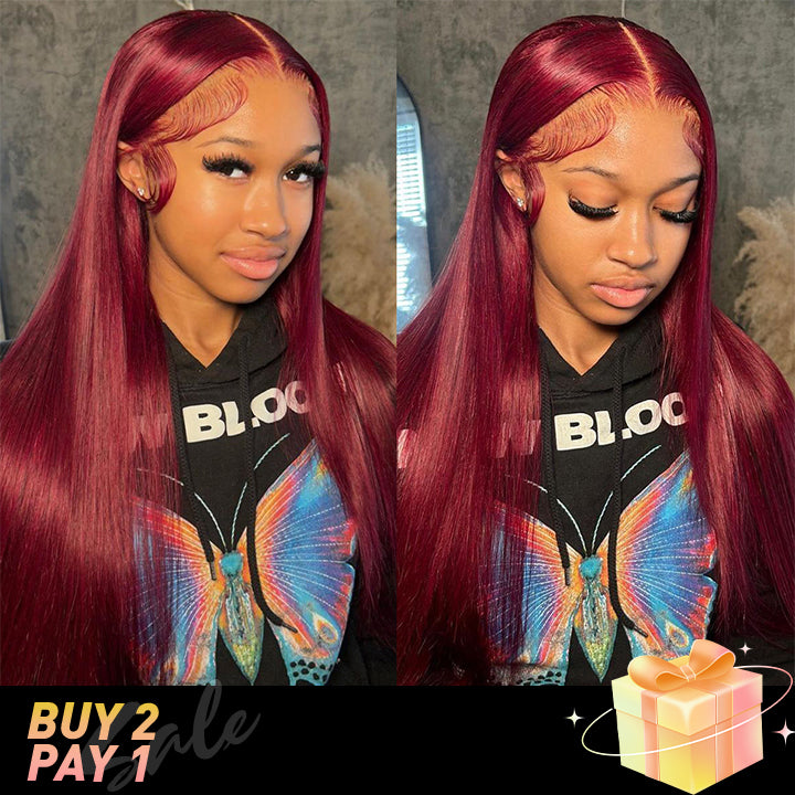 (BUY 2 PAY 1)ZSF Hair Burgundy Transparent Lace Wig Straight Colored Human Virgin Hair One Piece