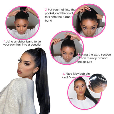 ZSF Kinky Straight Ponytail Human Hair With Clip In Extensions Natural Black One Piece