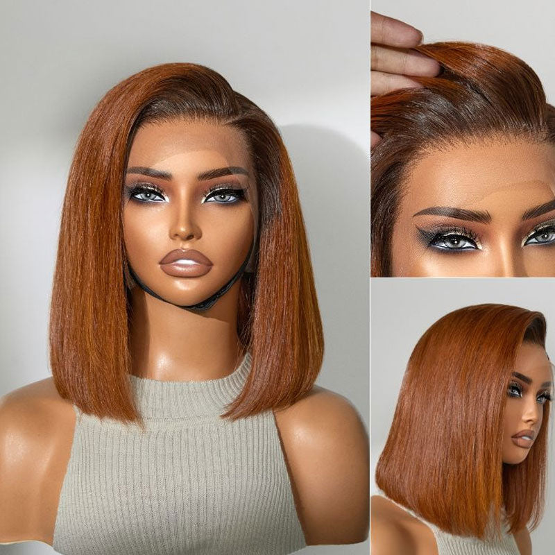 ZSF Ginger Ombre Brown Silky C Part Blunt Cut Glueless Smooth Straight Short Bob Wig Brazilian Lace Virgin Hair 1Piece