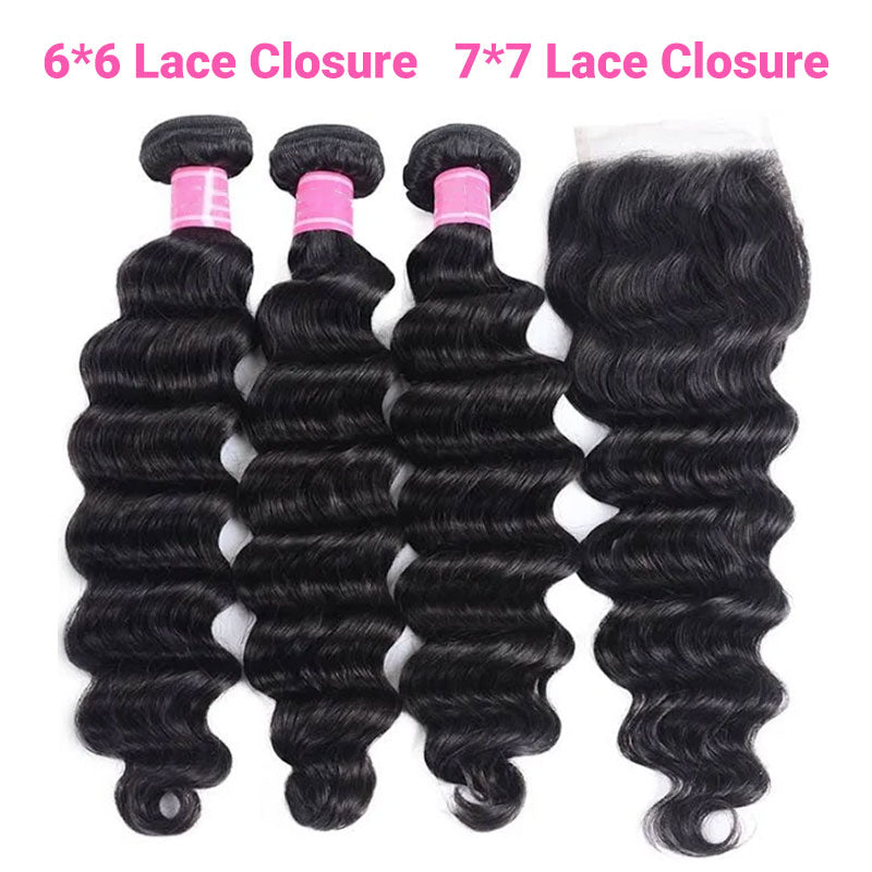 ZSF 6*6/7*7 Lace Closure With Loose Deep Wave Bundles Grade 8A Virgin Hair Unprocessed Natural Black Hair Weaving