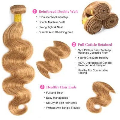 ZSF Honey Blonde #27 Body Wave Human Hair 3 Bundles With Lace Frontal Vigin Hair