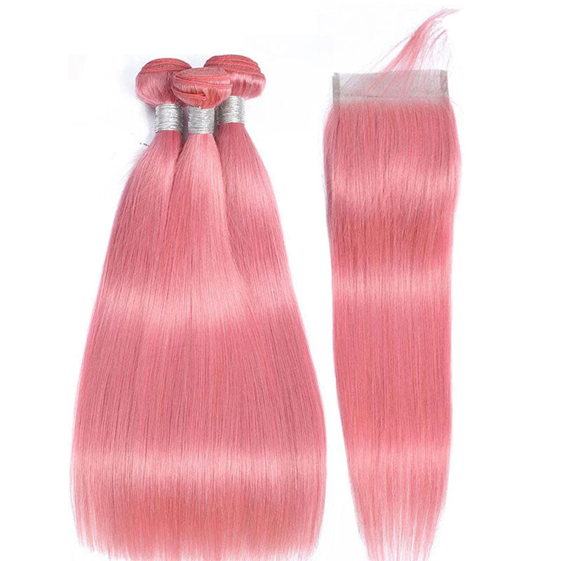 ZSF Pink Color Straight 3Bundles With Lace Closure 100% Virgin Human H ...