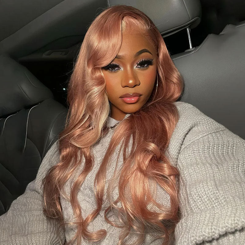 ZSF Hair Milk Tea Pink With Blonde Highlights Body Wave HD Lace Closure Human Hair Colored Wig