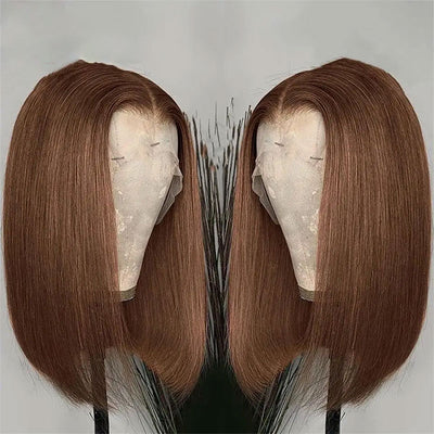 ZSF  Brown Ombre Ginger Silky C Part Blunt Cut Smooth Straight Short Bob Wig Brazilian Lace Virgin Hair 1Piece