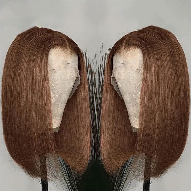 ZSF  Brown Ombre Ginger Silky C Part Blunt Cut Smooth Straight Short Bob Wig Brazilian Lace Virgin Hair 1Piece