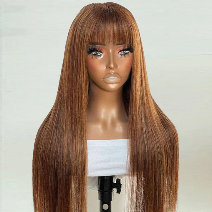 ZSF Brown Blonde Human Hair Wigs With Bangs None Lace Machine Made