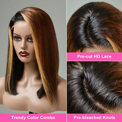 ZSF C Part | Brown Blonde Combo 27/4/1b Highlight Straight Glueless Lace Closure HD Lace Bob Wig
