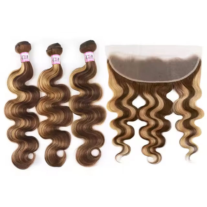 ZSF  P4/27 Brown Blonde Highlight Body Virgin Hair 3Bundles With 13*4 Lace Frontal