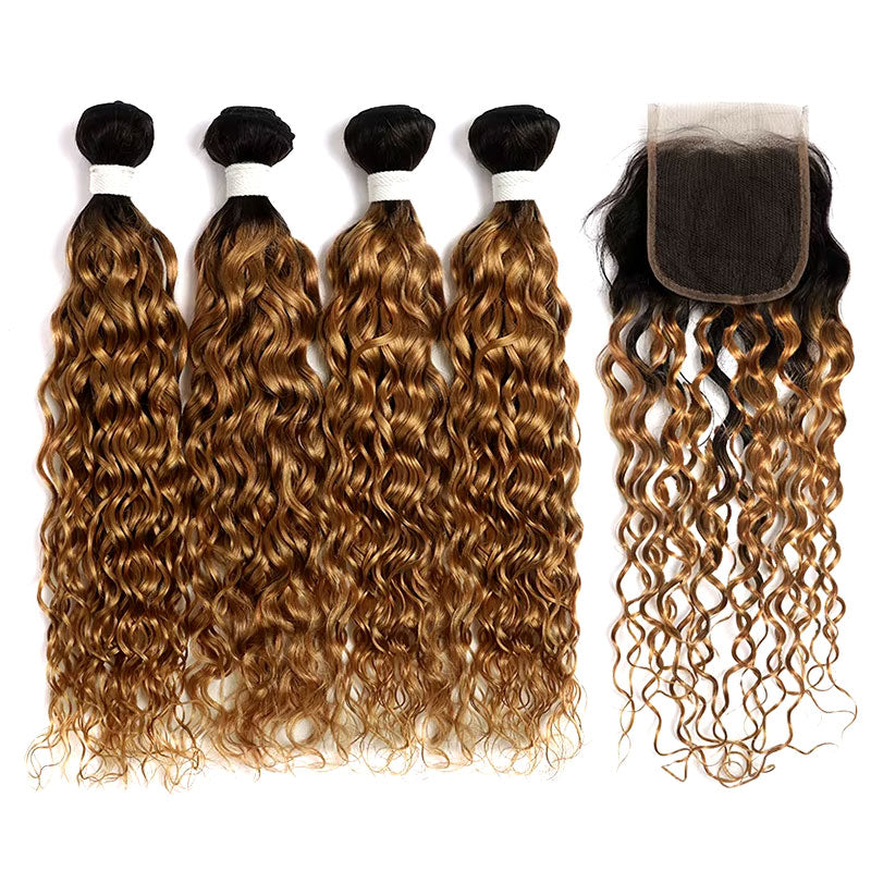 ZSF T1B/27 Ombre Blonde Water Wave Human Hair 4Bundles With Lace Closure Brazilian Remy Hair