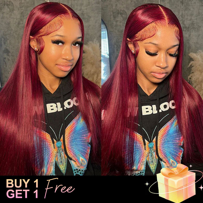 (BUY 1 GET 1 Free)ZSF Hair Burgundy Transparent Lace Wig Straight Colored Human Virgin Hair One Piece