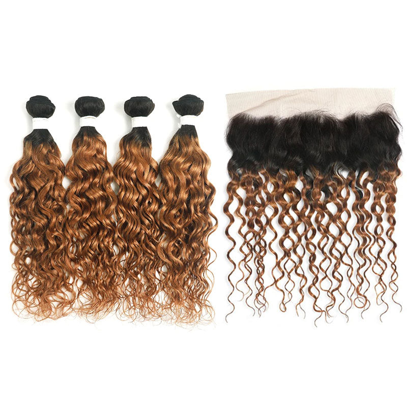 ZSF Ombre T4/30 Water Wave Virgin Hair 4Bundles With Lace Frontal 100% Human Hair