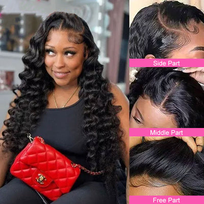 ZSF Loose Wave 13*6 Transparent Lace Frontal Wig  Human Hair 1Piece Natural Black