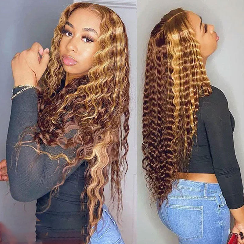 (Ready Ship)ZSF Special Deal Transparent Lace Closure Wig P4/27 Deep Wave Lace Human Hair