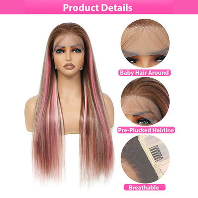 ZSF Hair Pink Skunk Stripe Ombre Blonde And Pink Highlights Body Wave Lace Wig