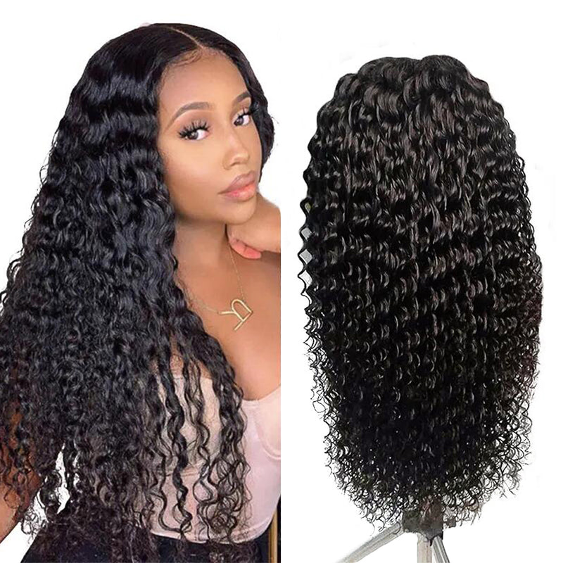 (Ready Ship)ZSF Hair Deep Curly Lace Wig Human Virgin Hair 1Piece Natural Black Color