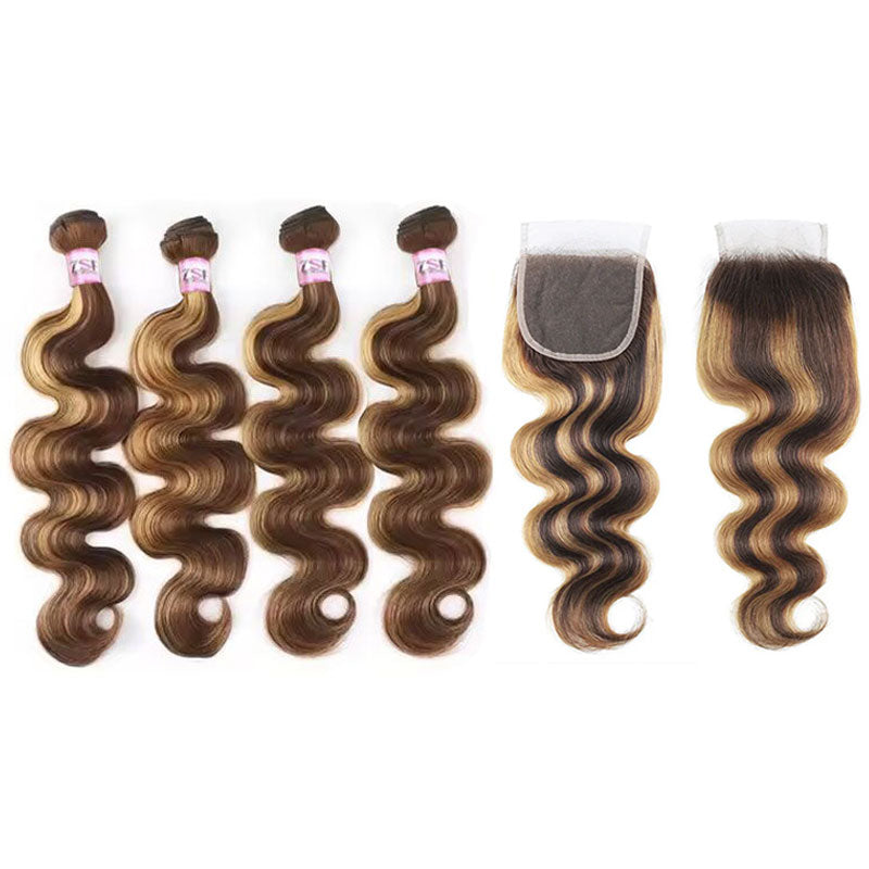 ZSF Brown Blonde P4/27 Highlight Body Wave Virgin Hair 4Bundles With Lace Closure