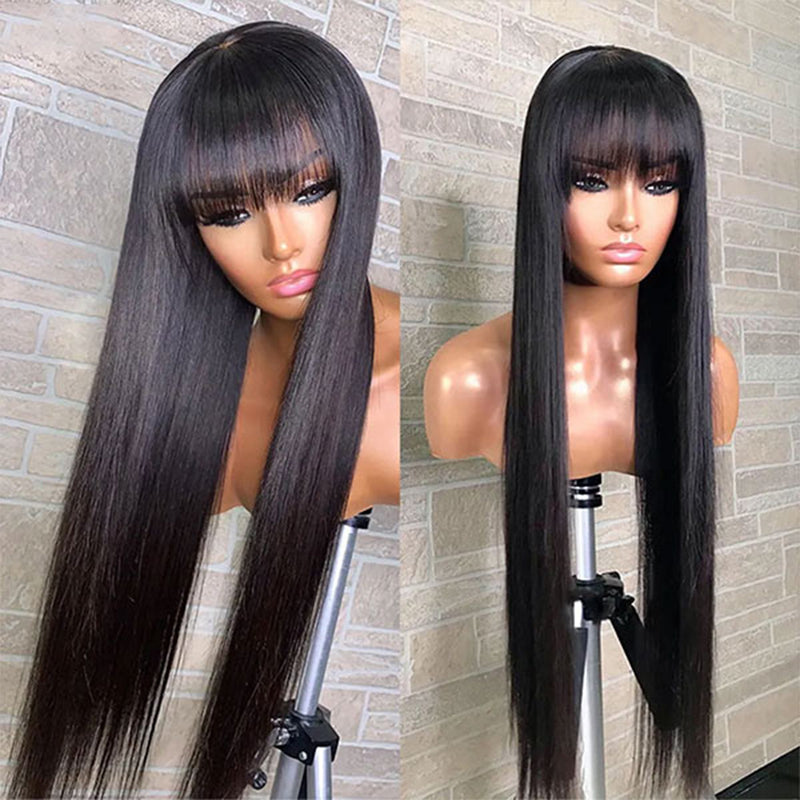 ZSF Hair Silk Straight Human Hair Wigs with Bangs Glueless Machine Made Wigs Natural Color for Women Real Hair Wig
