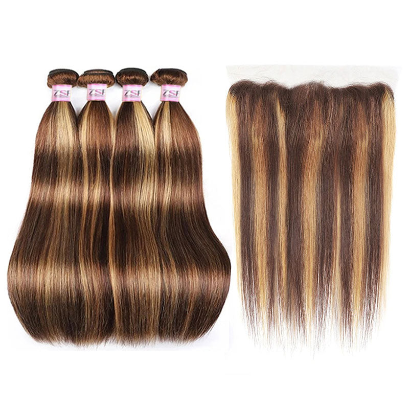 ZSF  P4/27 Brown Blonde Highlight Straight Virgin Hair 4Bundles With 13*4 Lace Frontal