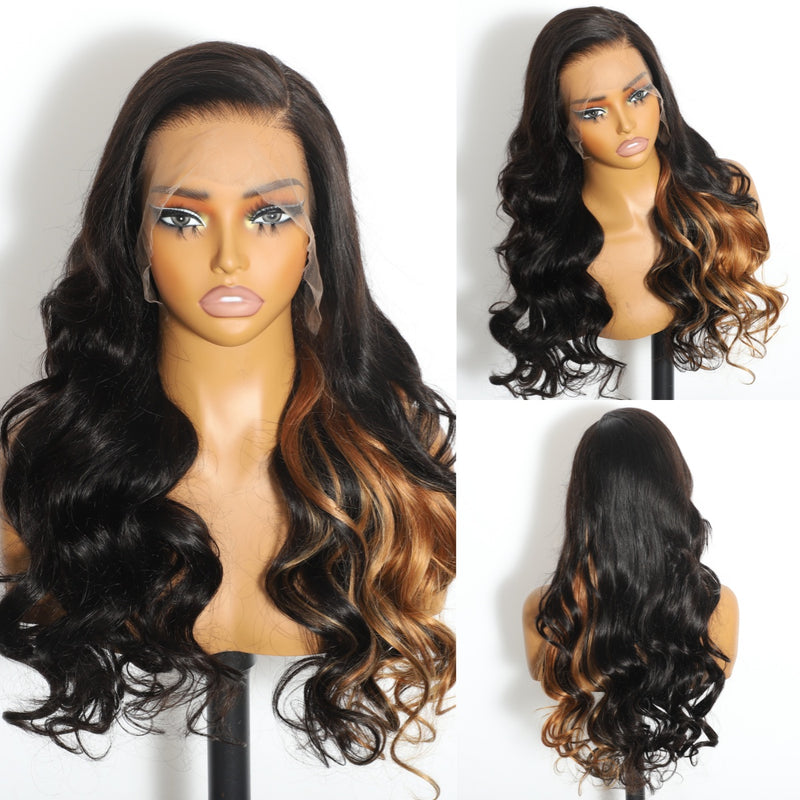 ZSF New Fashion Black With Honey Blonde Highlight Body Wave C Part Lace Wig Brazilian Human Virgin Hair