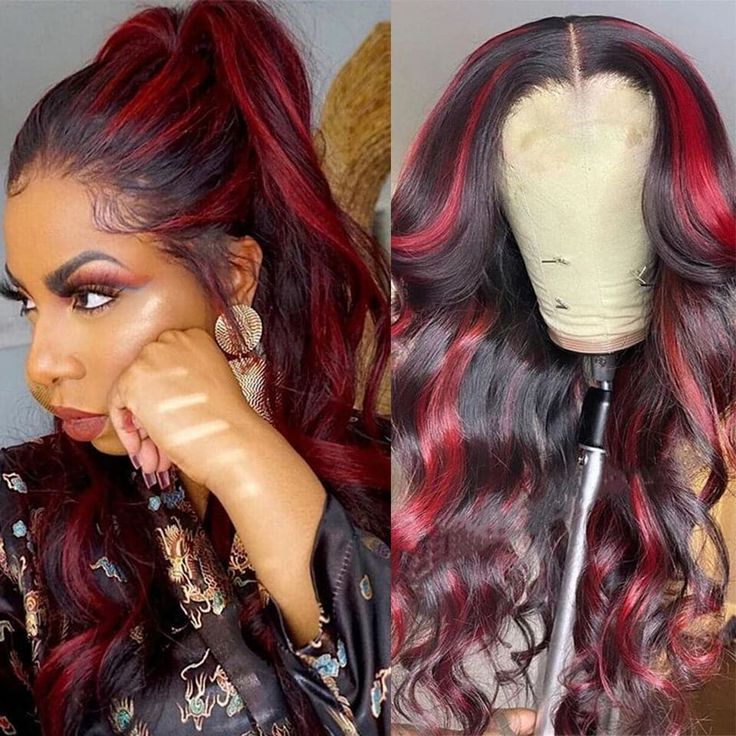 ZSF Burgundy Black Highlights Mix Color Transparent Lace Wig Body Wave Colored Human Hair Wig