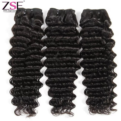 ZSF 10A Grade Deep Wave Curly 4Bundles With Lace Closure 100% Human Hair Natural Black