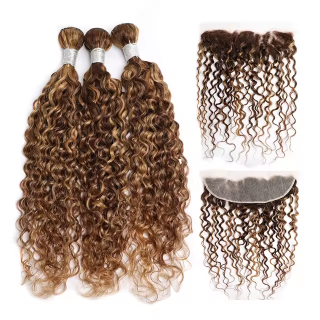 ZSF P4/27 Brown Blonde Highlight Water Wave Virgin Hair 3Bundles With 13*4 Lace Frontal