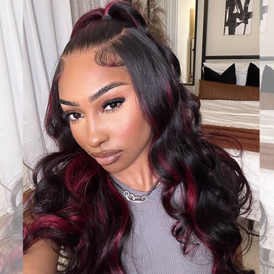 (BUY 1 GET 1 Free)ZSF Burgundy Black Highlights Mix Color Transparent Lace Wig Body Wave Middle Part Colored Human Hair Wig