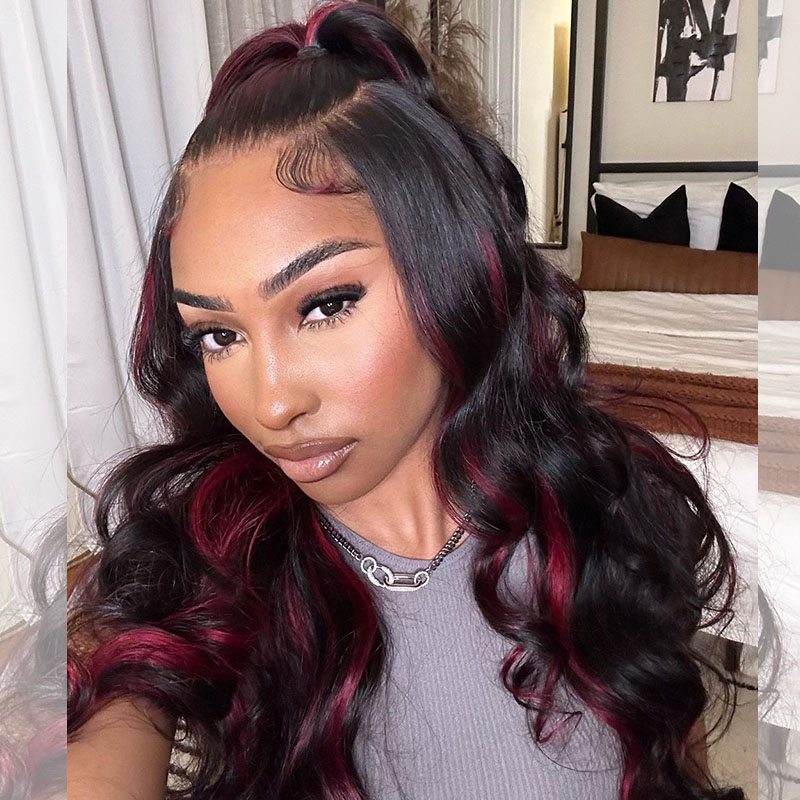 (BUY 1 GET 1 Free)ZSF Burgundy Black Highlights Mix Color Transparent Lace Wig Body Wave Middle Part Colored Human Hair Wig