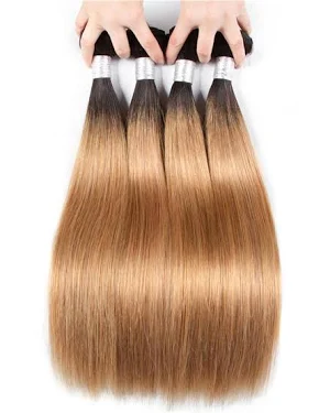 ZSF  T1B/27 Ombre Blonde Straight Virgin Hair 4Bundles With Lace Closure 100% Human Hair