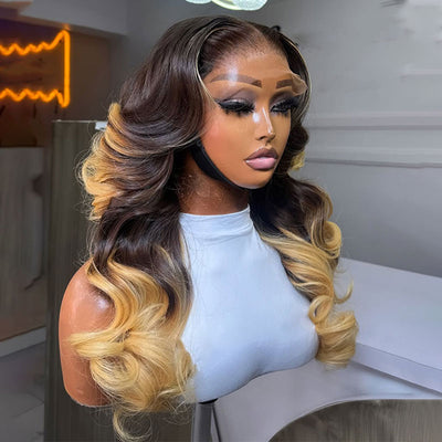 ZSF Ombre Brown Blonde Highlight Body Wave Human Hair Lace Frontal Wig  Middle Part Brazilian Hair