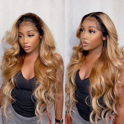 (BUY 1 GET 1 Free)ZSF Ombre Black Blonde #1B/27 Body Wave Lace Colored Human Remy Hair One Piece