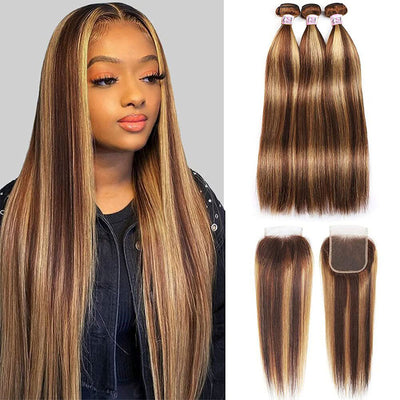 ZSF Brown Blonde P4/27 Highlight Straight Virgin Hair 4Bundles With Lace Closure