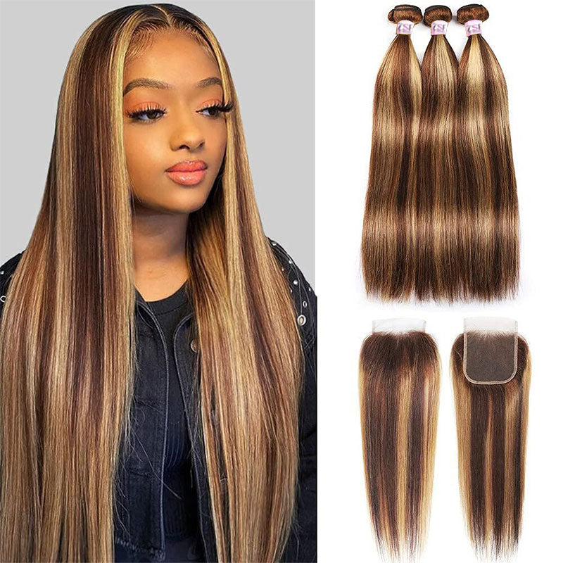 ZSF Brown Blonde P4/27 Highlight Straight Virgin Hair 4Bundles With Lace Closure