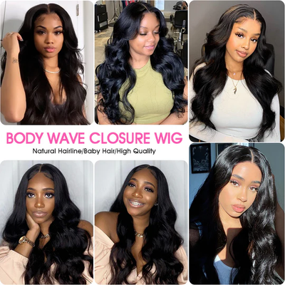 (Clearance Sale) ZSF Hair Transparent Lace Closure Wig Body Wave Virgin Hair Unprocessed Human Hair 1Piece Natural Black