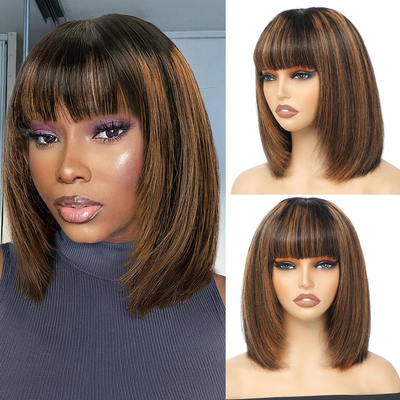 ZSF Brown Highlight 1B/30# Hair Bob None Lace Wig Layer Cut Short Bob Wig With Bang Straight Wig