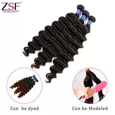 ZSF 10A Grade Hair Loose Deep Wave Virgin Hair 3Bundles With Lace Frontal Natural Black