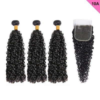 ZSF 10A Grade Pixie Curly Virgin Hair 3Bundles With Lace Closure Natural Black