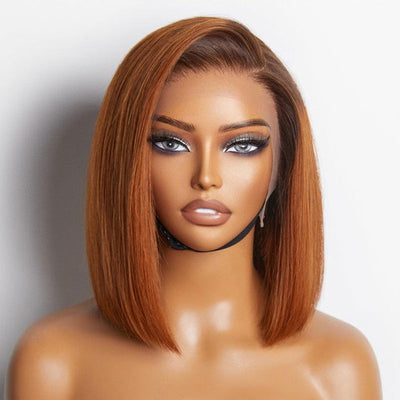 ZSF Ginger Ombre Brown Silky C Part Blunt Cut Glueless Smooth Straight Short Bob Wig Brazilian Lace Virgin Hair 1Piece